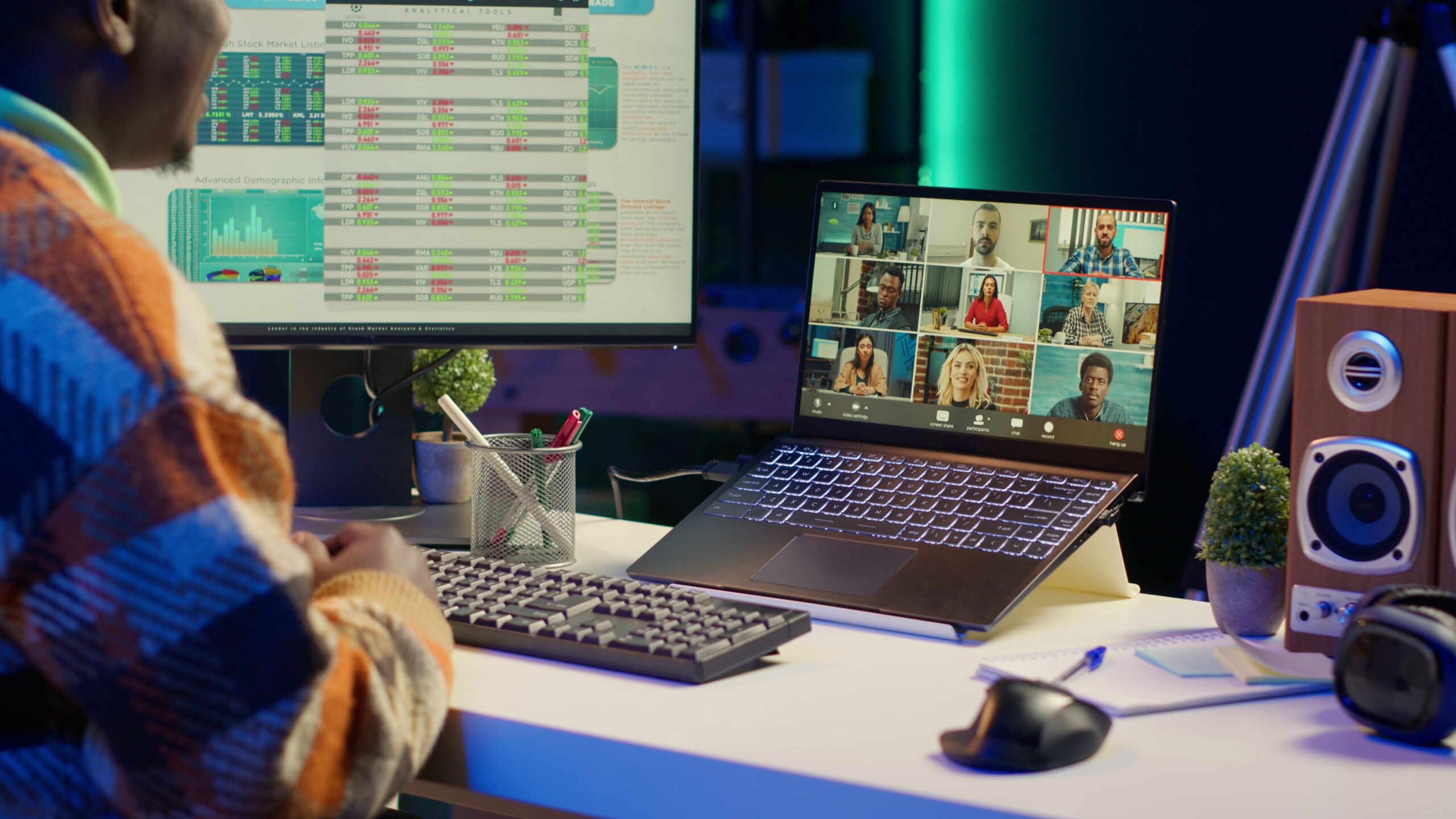 african-american-male-freelancer-attends-virtual-meeting-call-with-clients-on-laptop-w-SBI-351508499